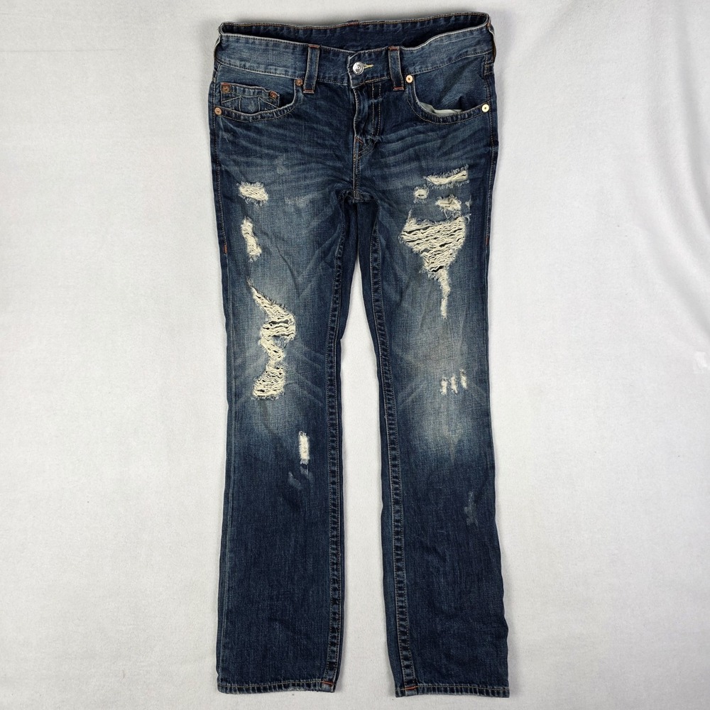 True Religion Slim Straight Jeans Mens 32 Fits 34x34 Blue Fade Distressed Skater